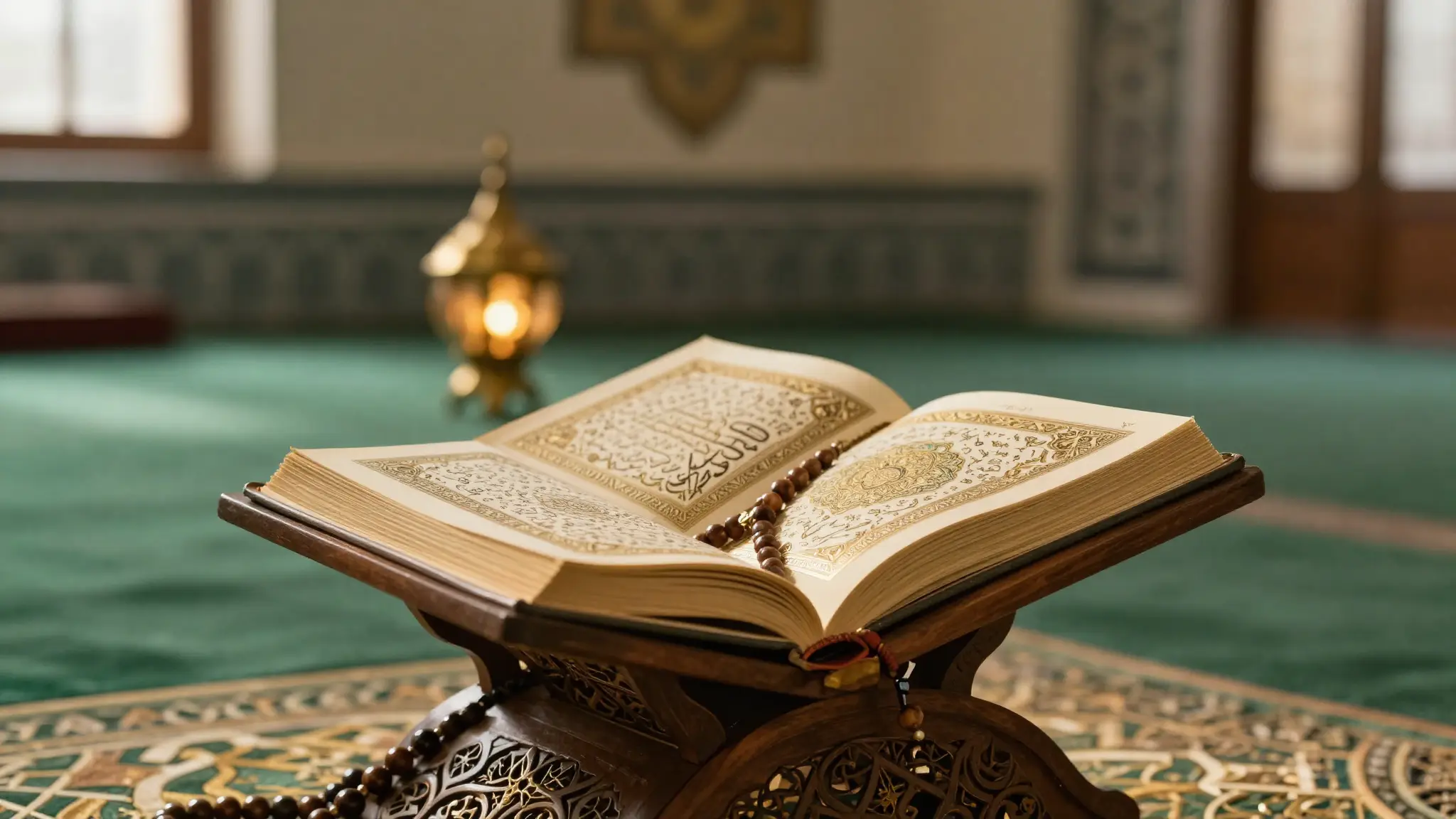 كتاب فقهي مفتوح على حامل خشبي منقوش مع مسبحة ومصباح نحاسي، رمزٌ للفتاوى وبيان الأحكام الشرعية في الإسلام